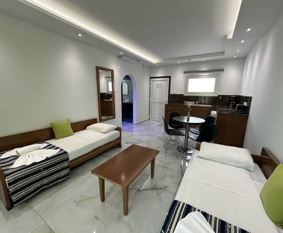 Loutsiana Hotel Deluxe One Bedroom Apt living room and kitchen